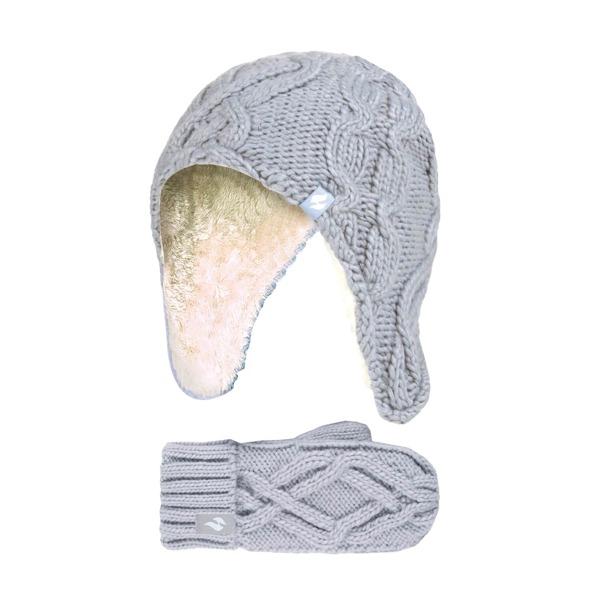 Girls Cable Knitted Design Trapper Hat & Mittens Set