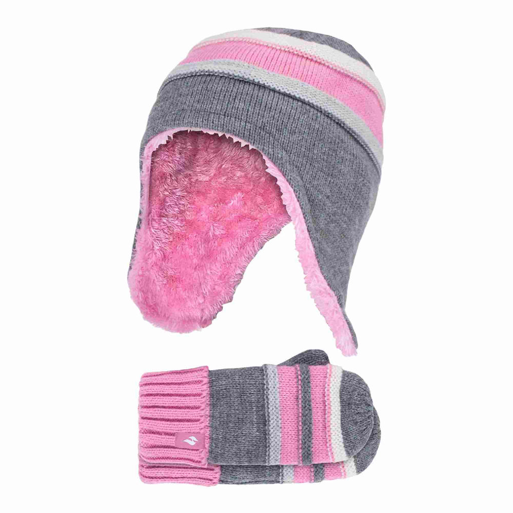 Girls Winter Thermal Beanie Hat with Ear Flaps & Mittens Gloves Set