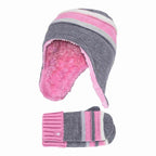 Girls Winter Thermal Beanie Hat with Ear Flaps & Mittens Gloves Set