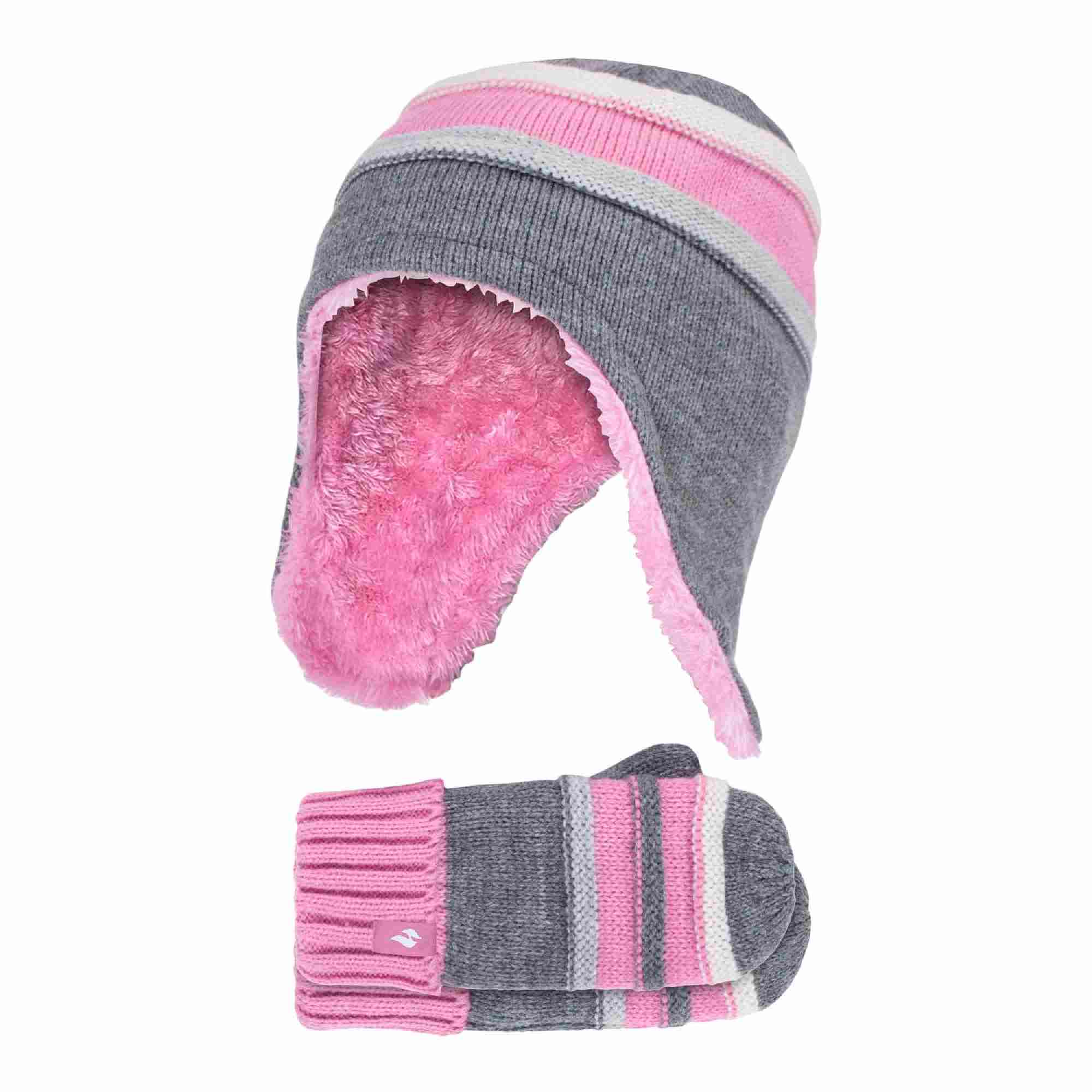 Girls Winter Thermal Beanie Hat with Ear Flaps & Mittens Gloves Set
