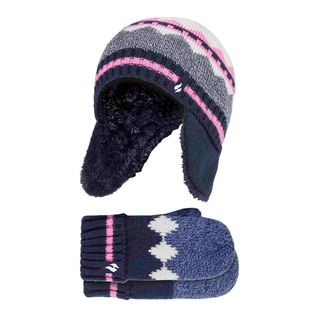 Girls Nordic Pattern Trapper Hat with Ear Flaps & Mittens Set