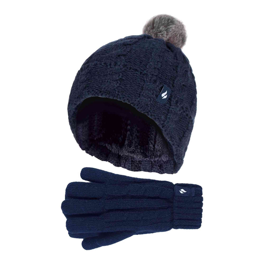 Girls Cable Knit Bobble Pom Pom Thermal Hat & Gloves Set
