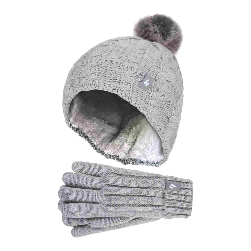 Girls Cable Knit Bobble Pom Pom Thermal Hat & Gloves Set