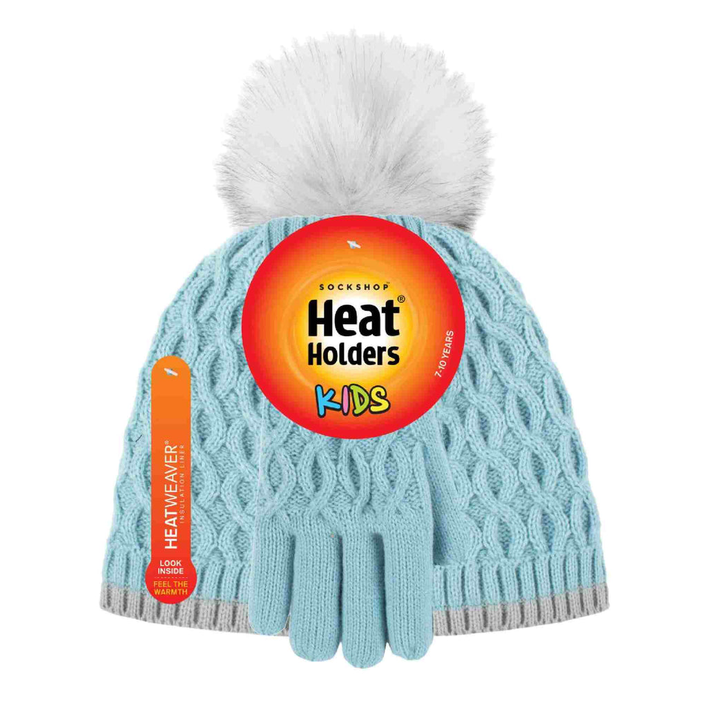 Girls Thermal Insulated Pom Pom Bobble Beanie Hat & Gloves