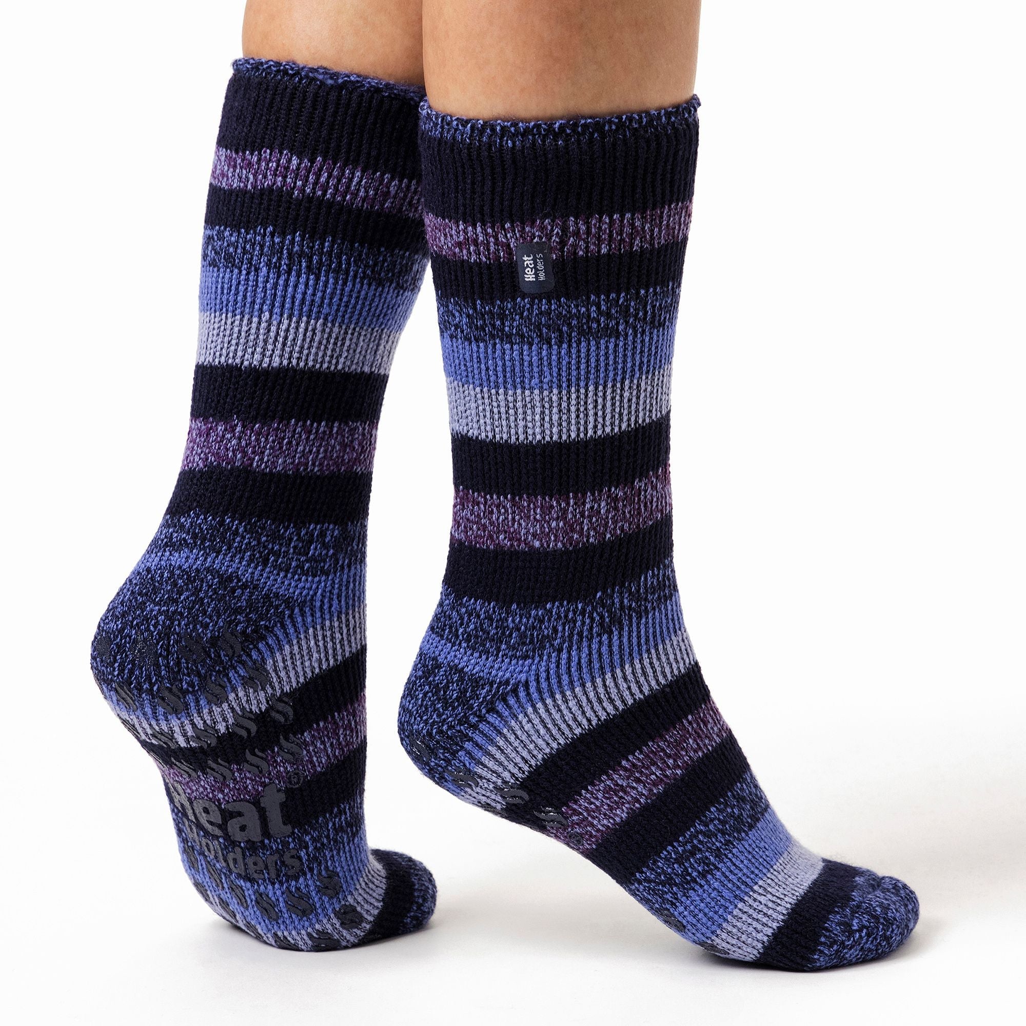 Ladies Striped Non Skid Thermal Slipper Socks with Grips