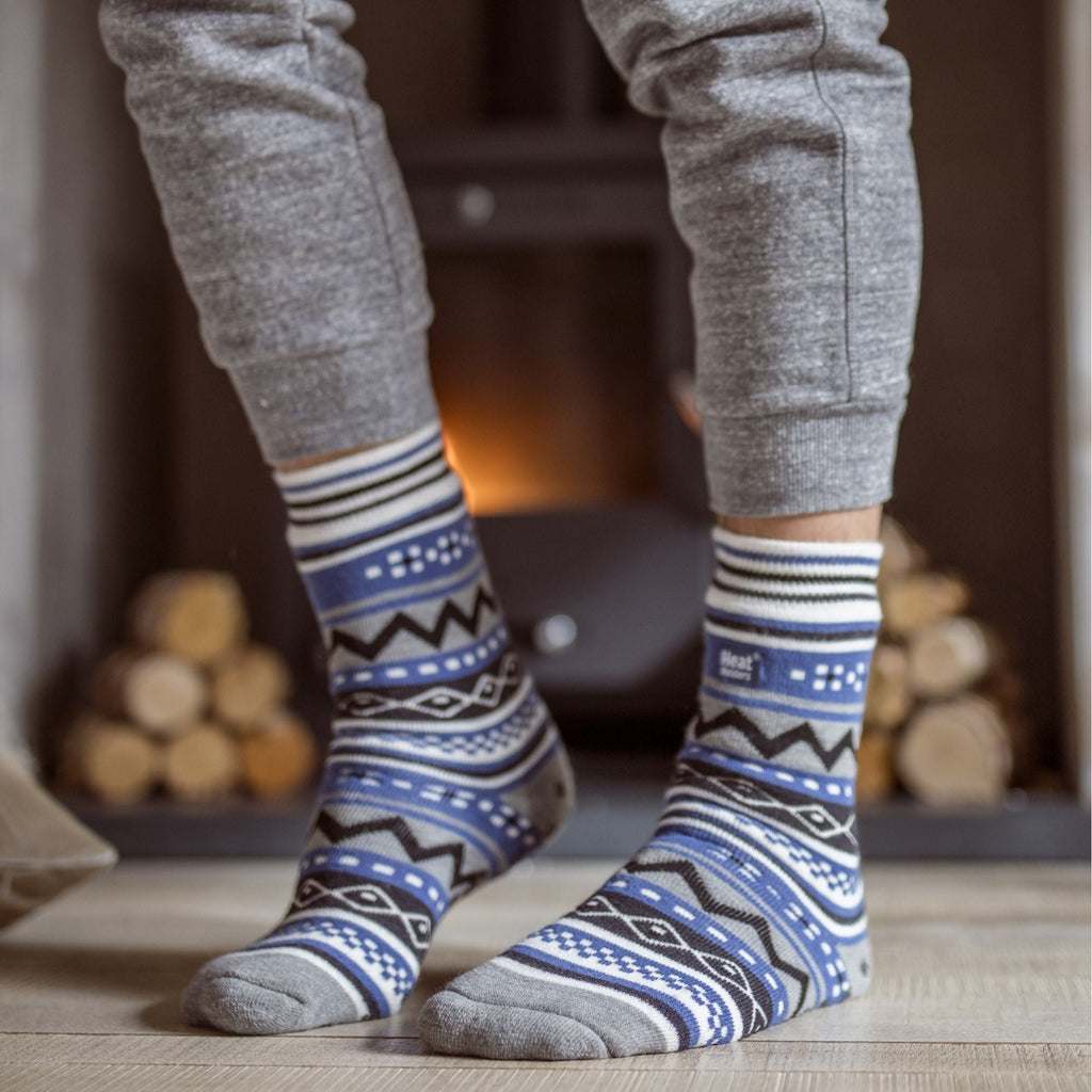 Mens Nordic Patterned Non Slip Thermal Slipper Socks with Grips