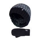 Kids Boys Winter Knitted Thermal Fleece Lined Cuffed Beanie Hat & Mittens Set