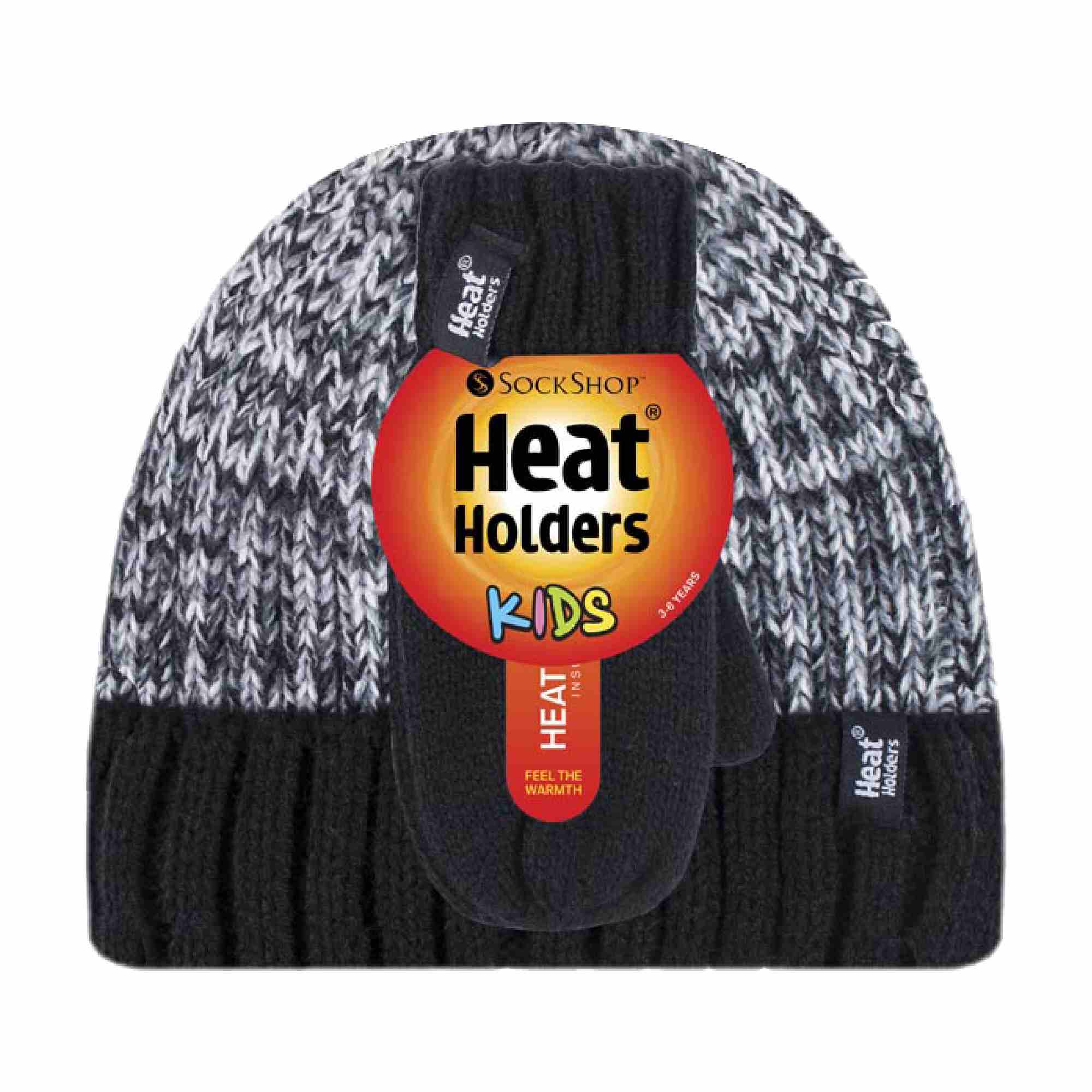 Kids Boys Winter Knitted Thermal Fleece Lined Cuffed Beanie Hat & Mittens Set