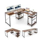 Wooden Industrial L-Shaped Desk with Storage Shelves-Black