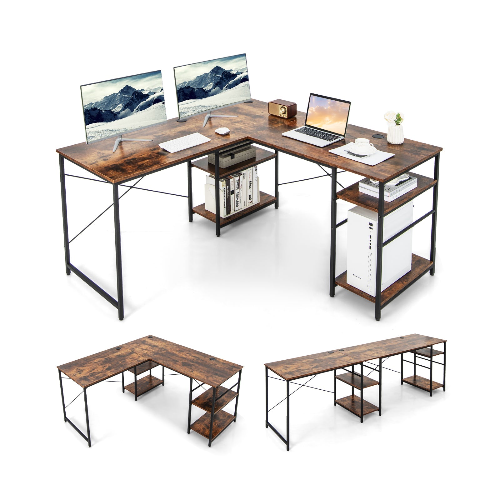 Wooden Industrial L-Shaped Desk with Storage Shelves-Black