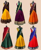 Mustard Yellow Silk Half Saree Lehenga Set | Dark Green Dupatta | Gold Zari Border | Unstitched Blouse | One Size | Made in Kerala