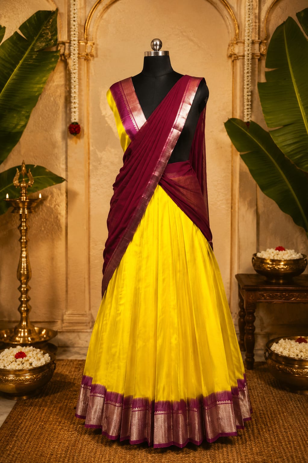 Yellow Maroon Kerala Half Saree Set | South Indian Traditional Half Saree | Ready-to-Wear Skirt & Dupatta | Unstitched Blouse Piece | Fest