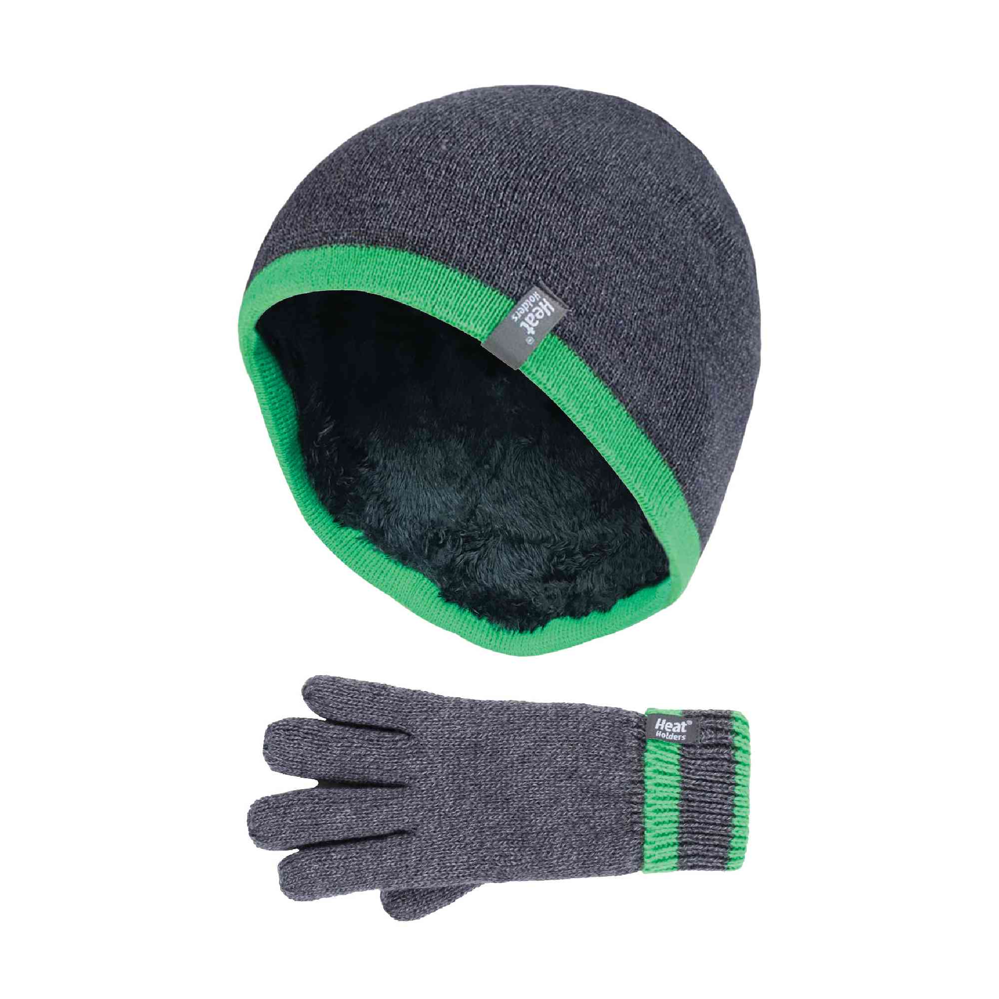Children Winter Warm Fleece Lined Knit Turn Over Cuff Ribbed Hat & Gloves Set