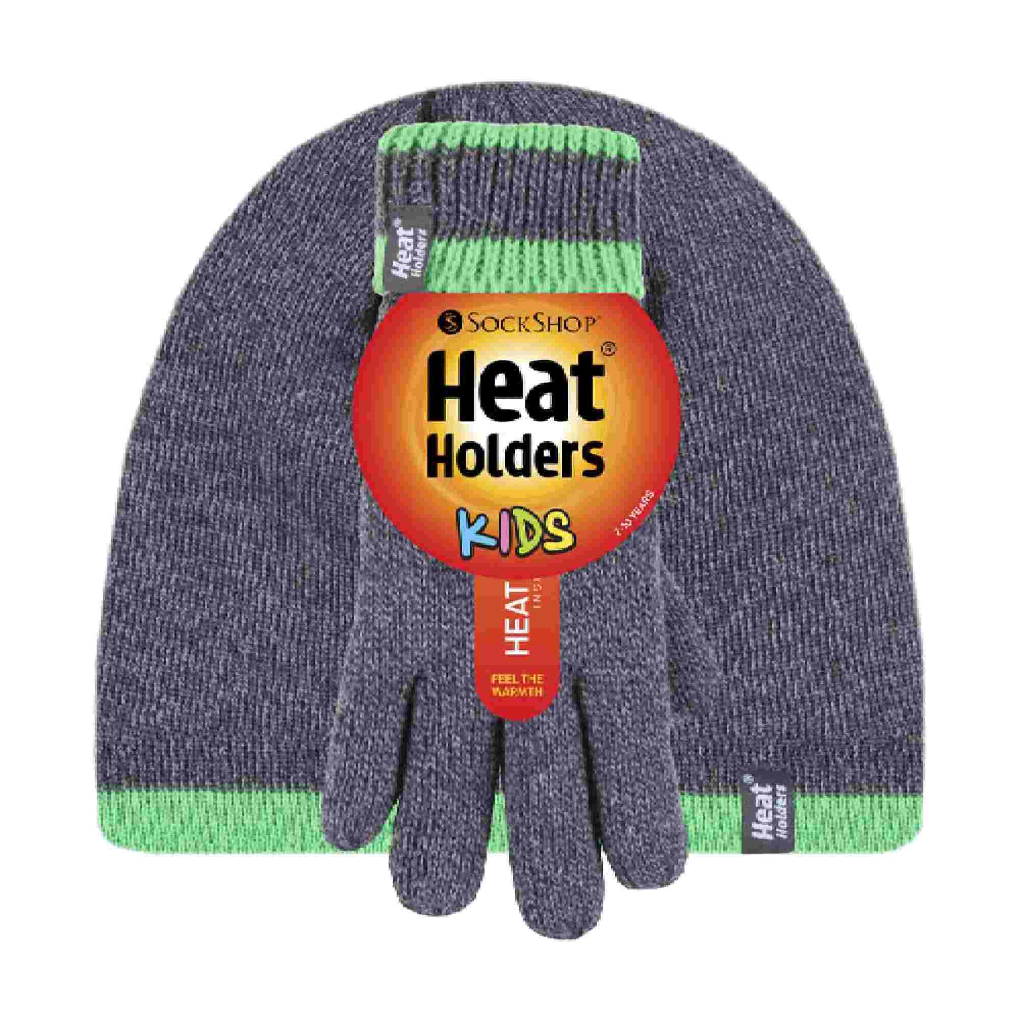Children Winter Warm Fleece Lined Knit Turn Over Cuff Ribbed Hat & Gloves Set