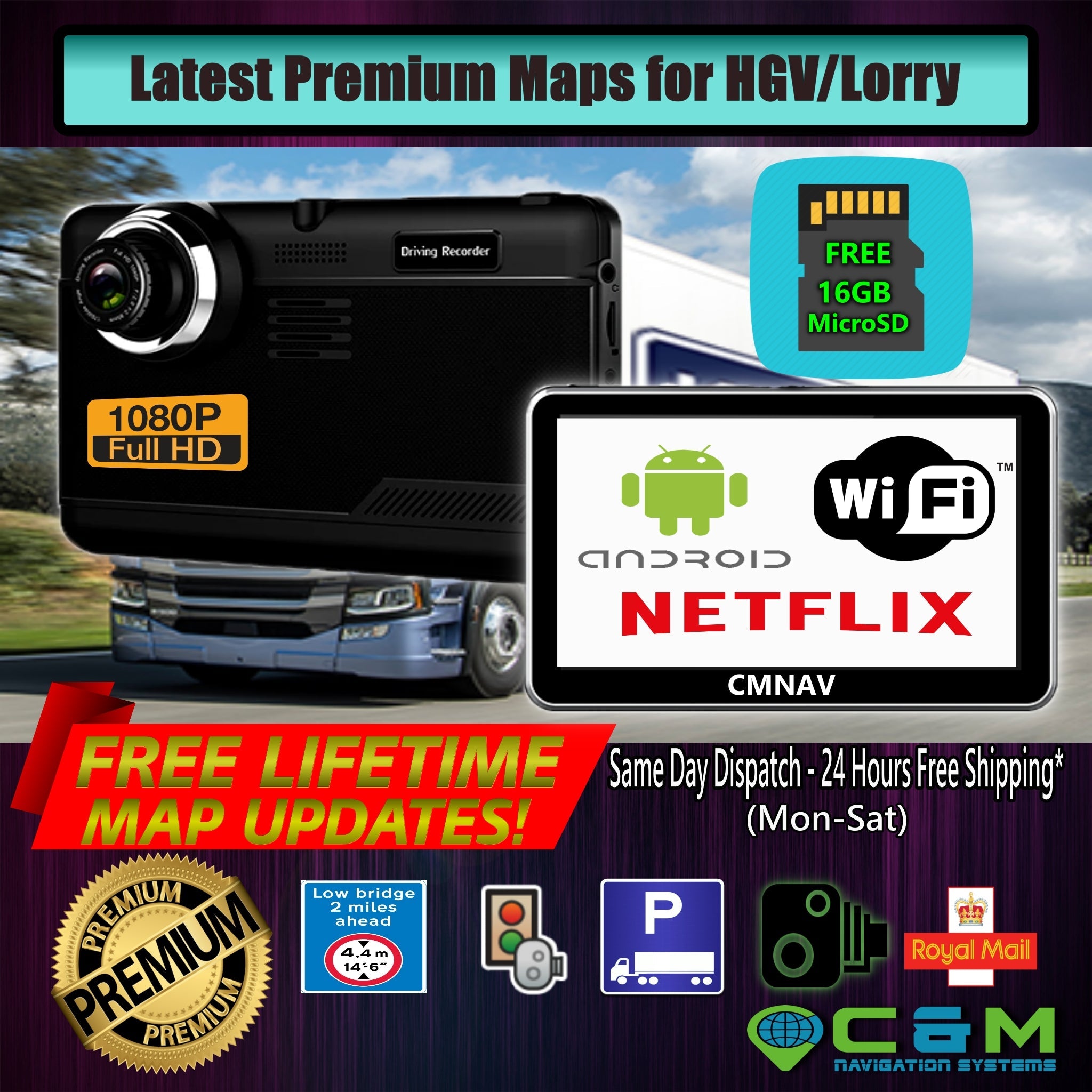 7" CMNAV 360 TRUCK (without Live Traffic) - Built-in FullHD Dashcam, Android, Wi-Fi