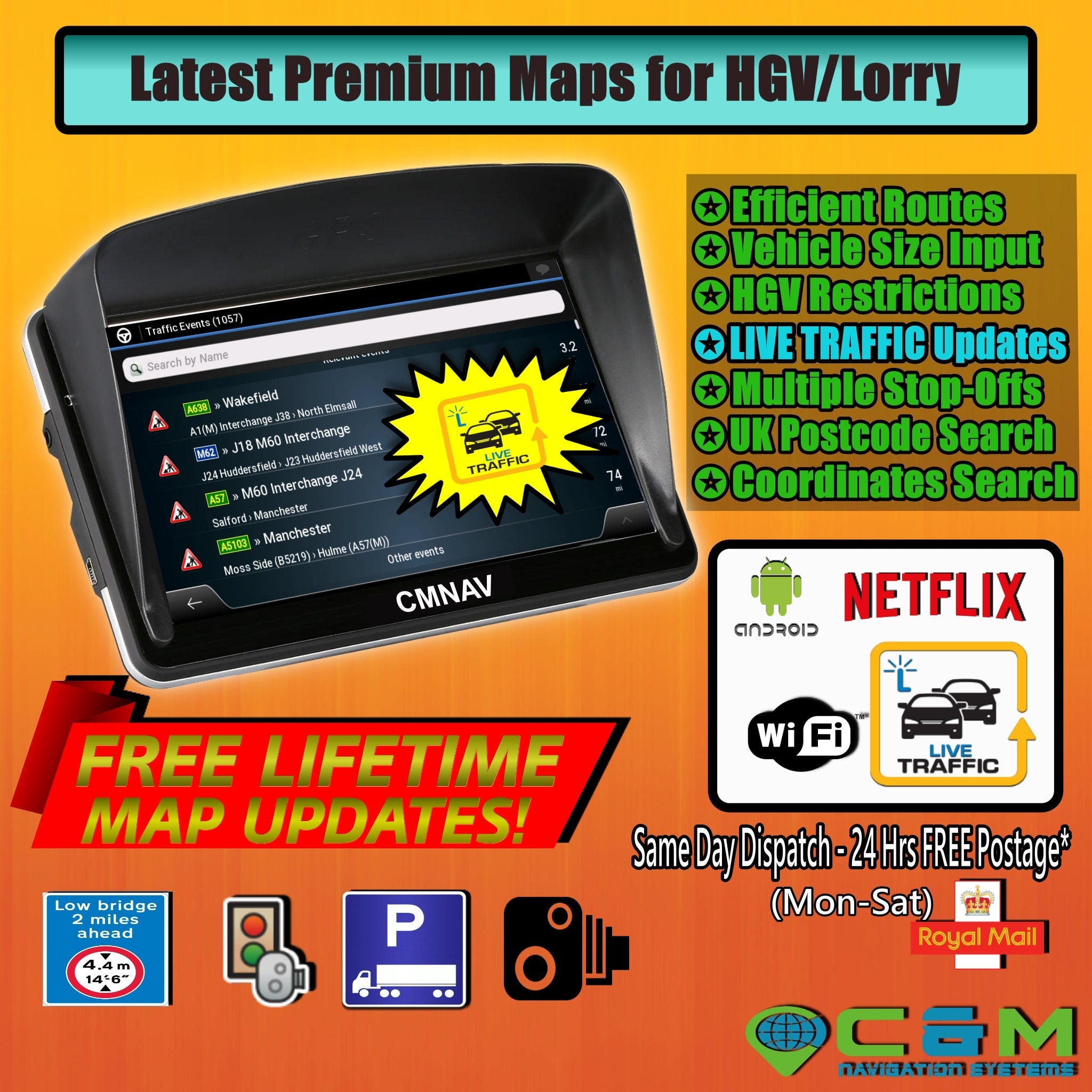 7" CMNAV TRAFFIC Truck (LIVE TRAFFIC, ANDROID, Wi-Fi)