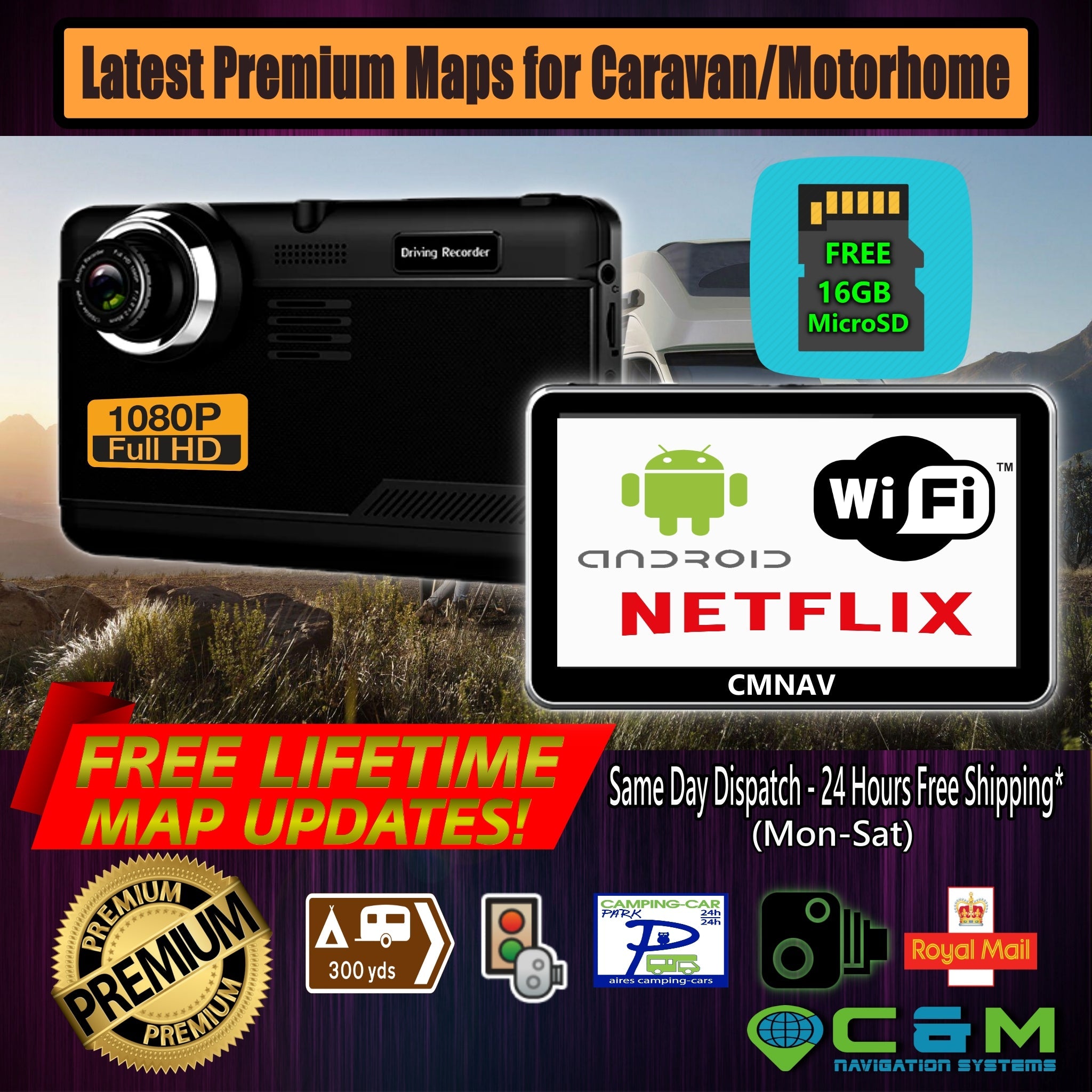 7" CMNAV 360 Camper (without Live Traffic) - Built-in FullHD Dashcam, Android, Wi-Fi