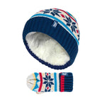Kids Boys Winter Knitted Thermal Fleece Lined Cuffed Beanie Hat & Mittens Set