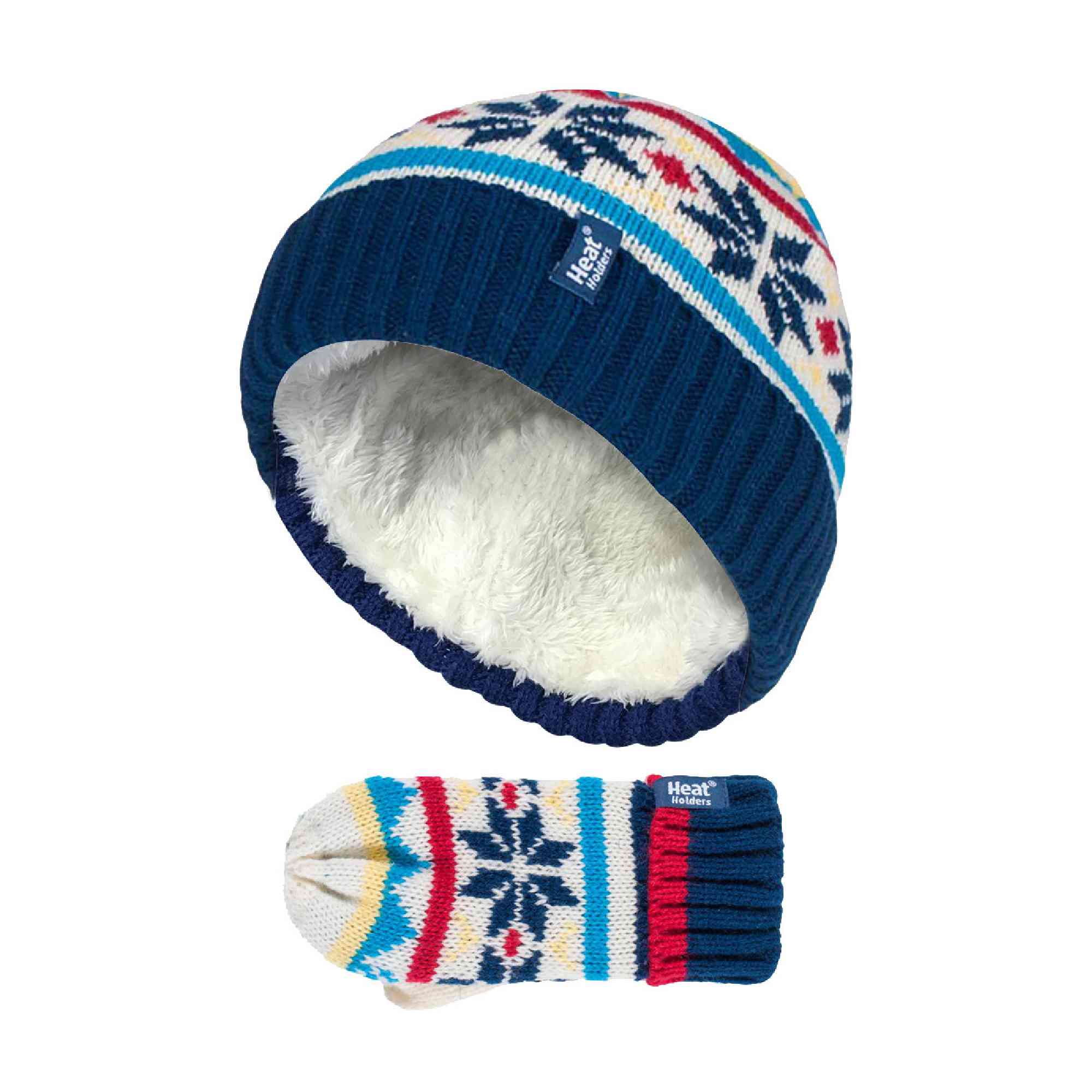 Kids Boys Winter Knitted Thermal Fleece Lined Cuffed Beanie Hat & Mittens Set