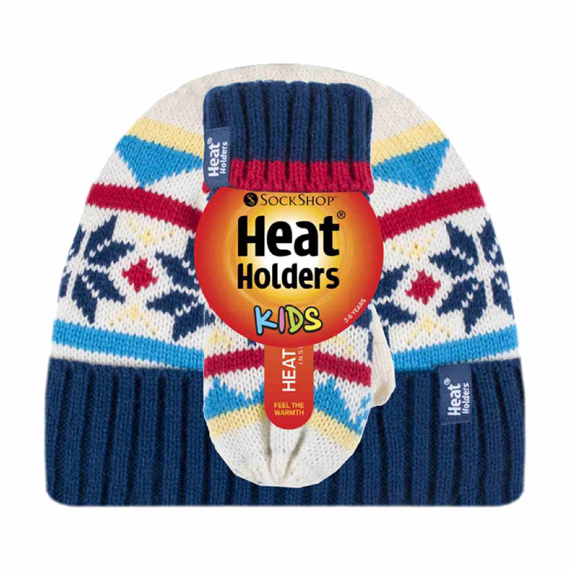 Kids Boys Winter Knitted Thermal Fleece Lined Cuffed Beanie Hat & Mittens Set