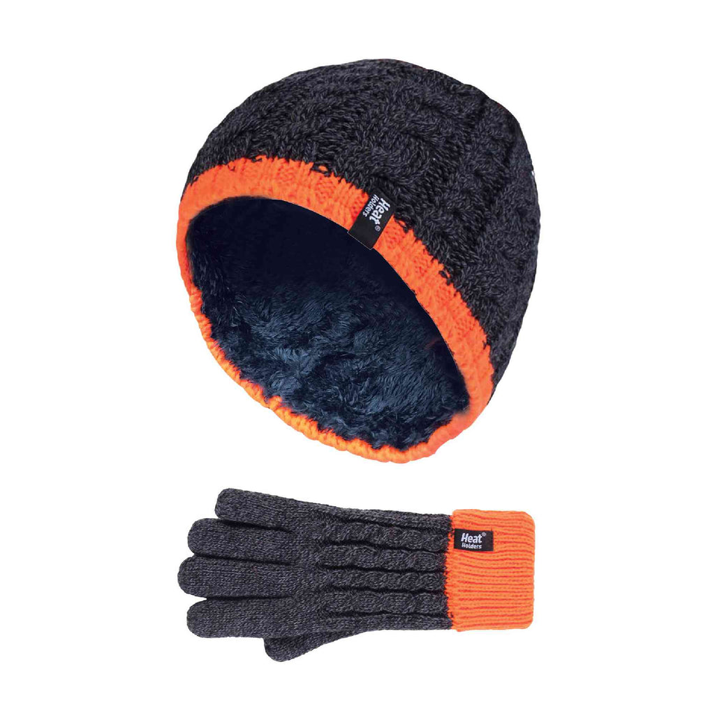 Boys Kids Cable Knit Warm Fleece Lined Thermal Winter Hat & Gloves Set