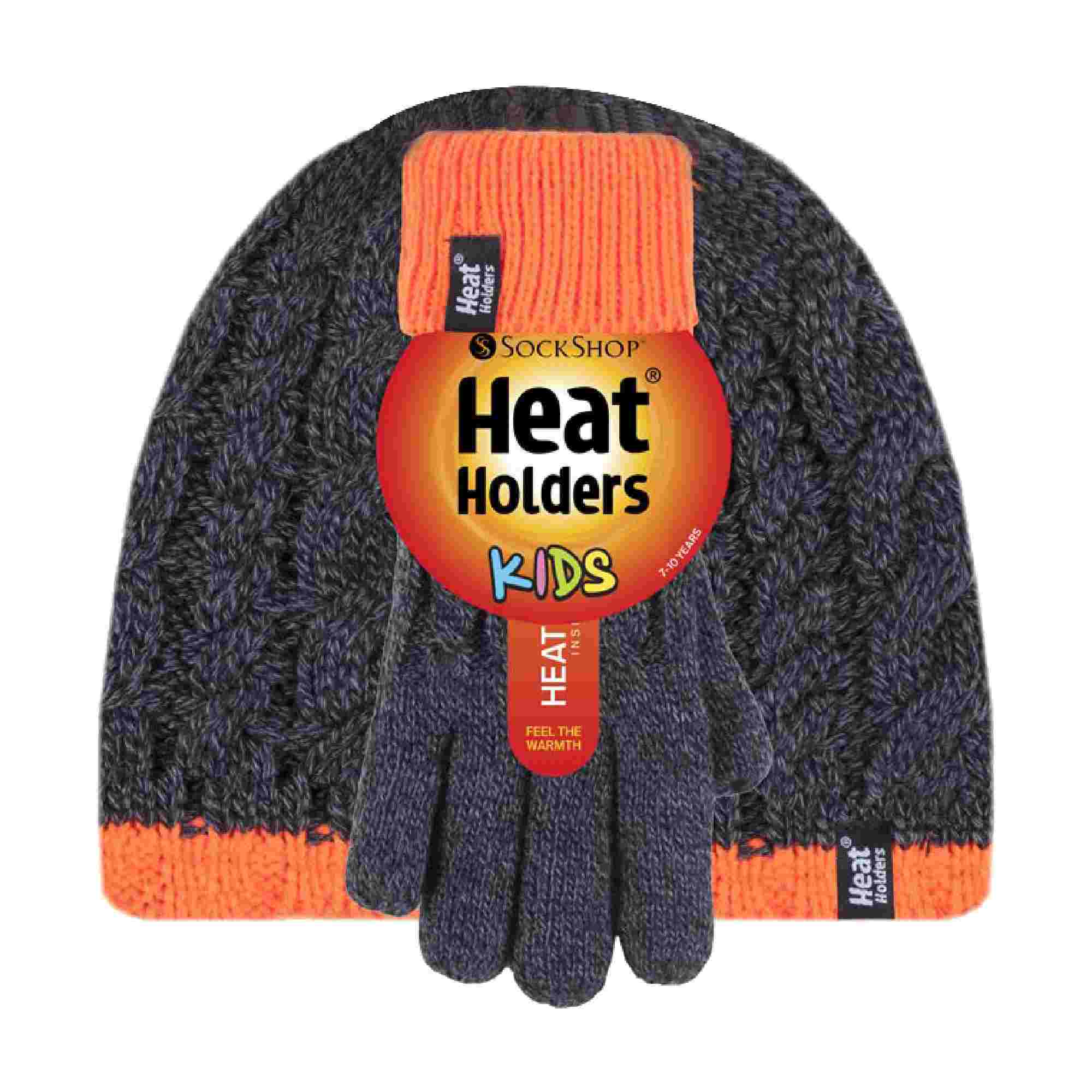 Boys Kids Cable Knit Warm Fleece Lined Thermal Winter Hat & Gloves Set