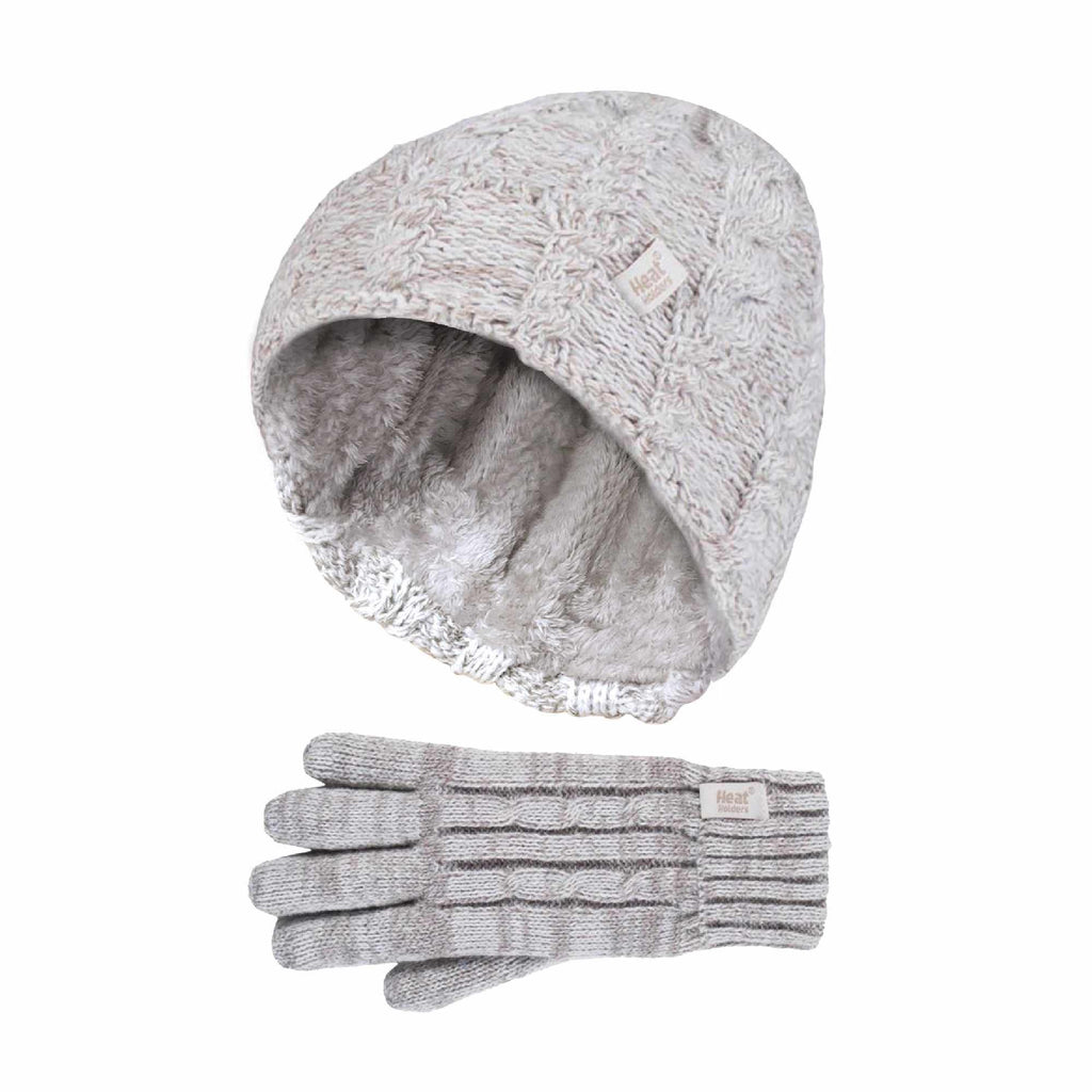 Kids Girls Cable Knitted Warm Fleece Lined Winter Hat & Gloves Set