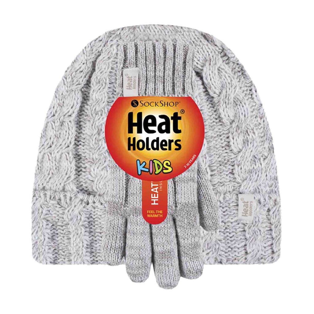 Kids Girls Cable Knitted Warm Fleece Lined Winter Hat & Gloves Set