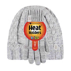 Kids Girls Cable Knitted Warm Fleece Lined Winter Hat & Gloves Set