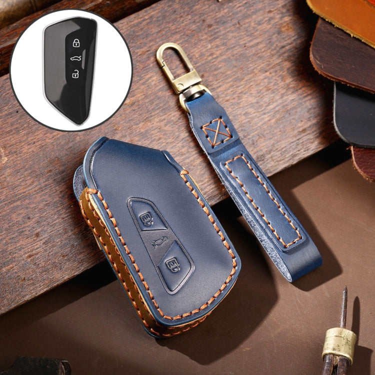 Hallmo Car Cowhide Leather Key Protective Cover for Volkswagen Golf 8(Blue)