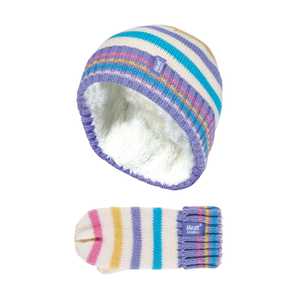 Kids Fleece Lined Knitted Striped Colourful Winter Thermal Hat & Mittens Set