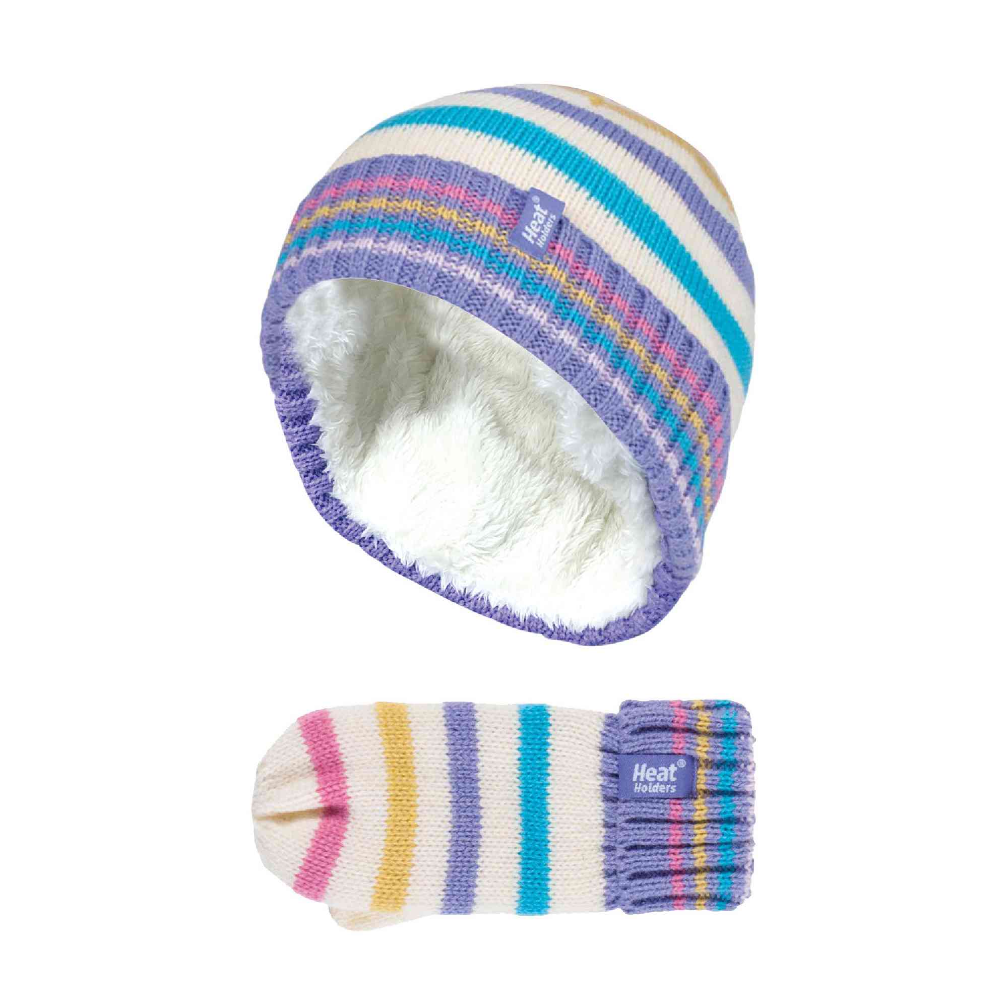 Kids Fleece Lined Knitted Striped Colourful Winter Thermal Hat & Mittens Set