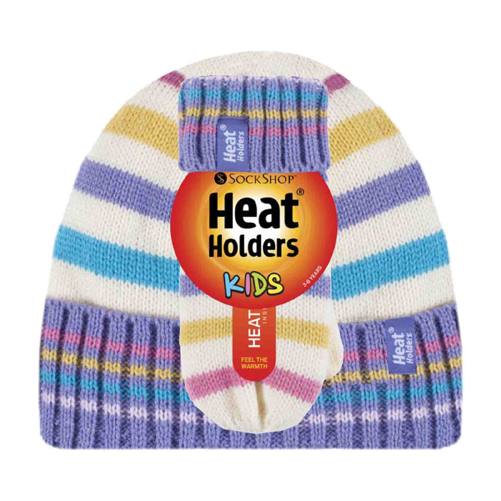 Kids Fleece Lined Knitted Striped Colourful Winter Thermal Hat & Mittens Set