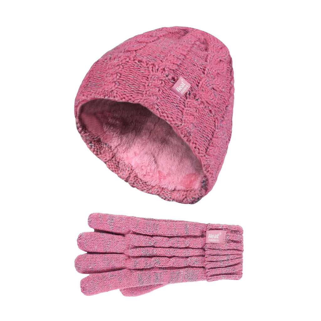 Kids Girls Cable Knitted Warm Fleece Lined Winter Hat & Gloves Set