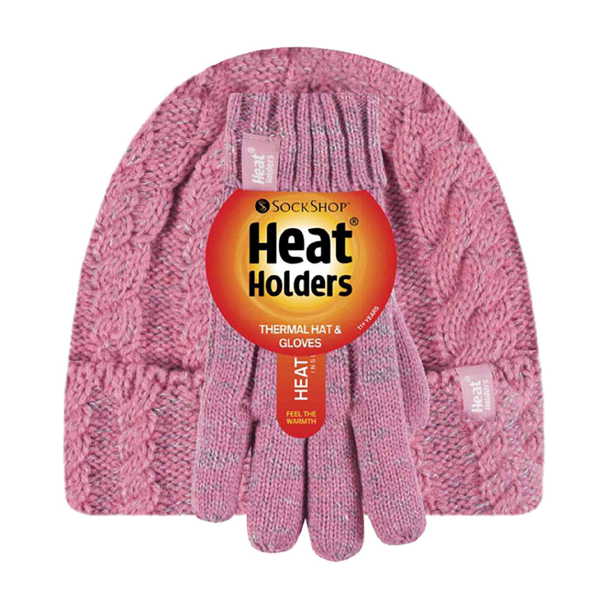 Kids Girls Cable Knitted Warm Fleece Lined Winter Hat & Gloves Set