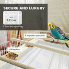 PawHut Bird Cage with Divider, 4 Wooden Perches, Slide Out Tray, 4 Feeders, for Budgie, Lovebird, Canary, 76 x 46 x 46cm, White