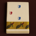Kerala Kasavu Cotton Onam Saree with Golden Peacock Zari Border, Red & Blue Motifs – Traditional Onam Special Festive Saree S118