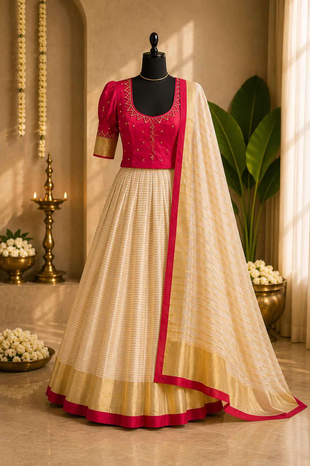 Kerala Half Saree Set – Festive Fuchsia