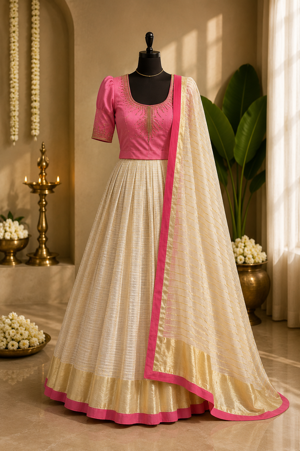 Kerala Half Saree Set – Blush Pink