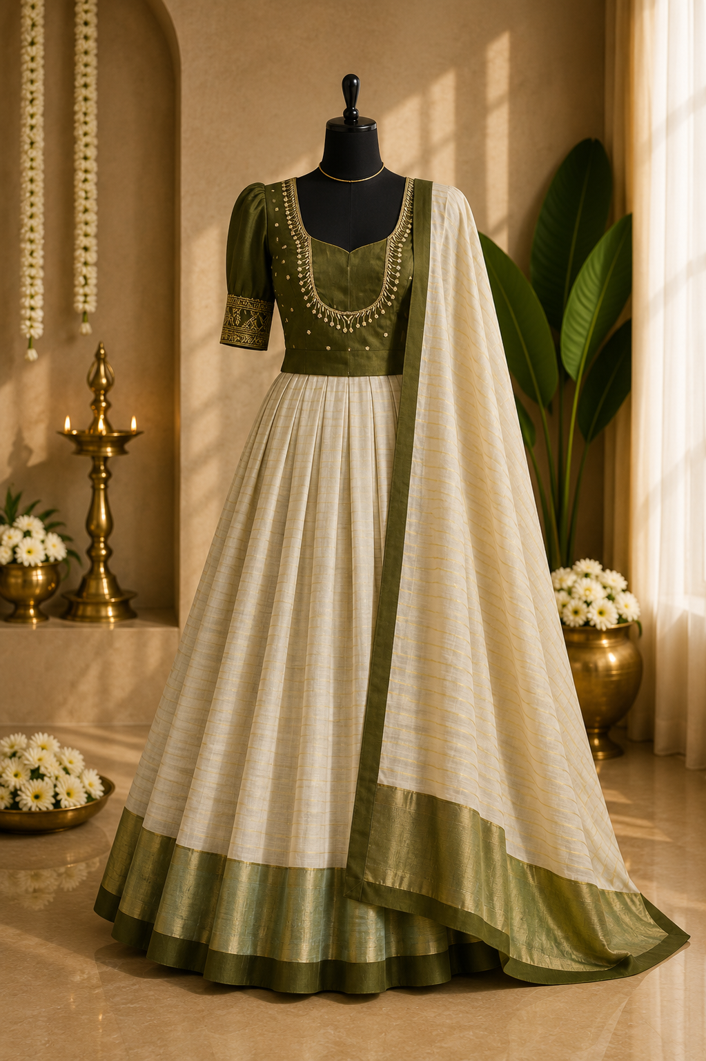 Kerala Half Saree Set – Olive Green