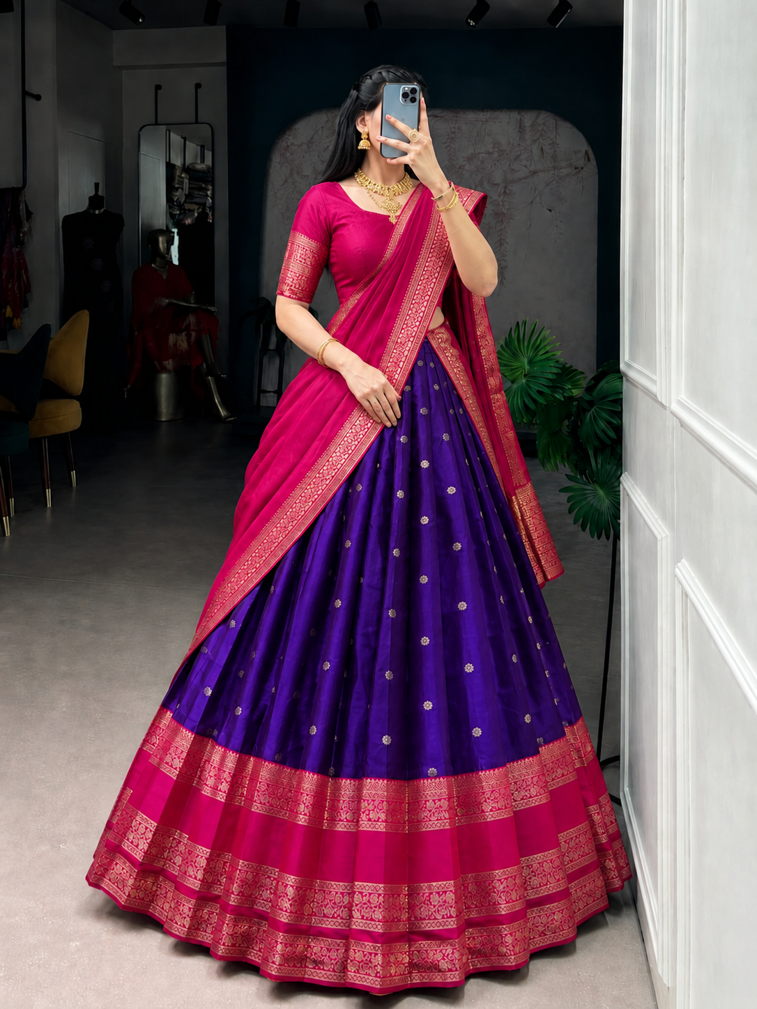 Rani Neelika Half Saree Set (Pink & Royal Purple)