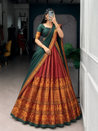 Emerald Varnika Half Saree Set (Green, Red & Rust Gold)