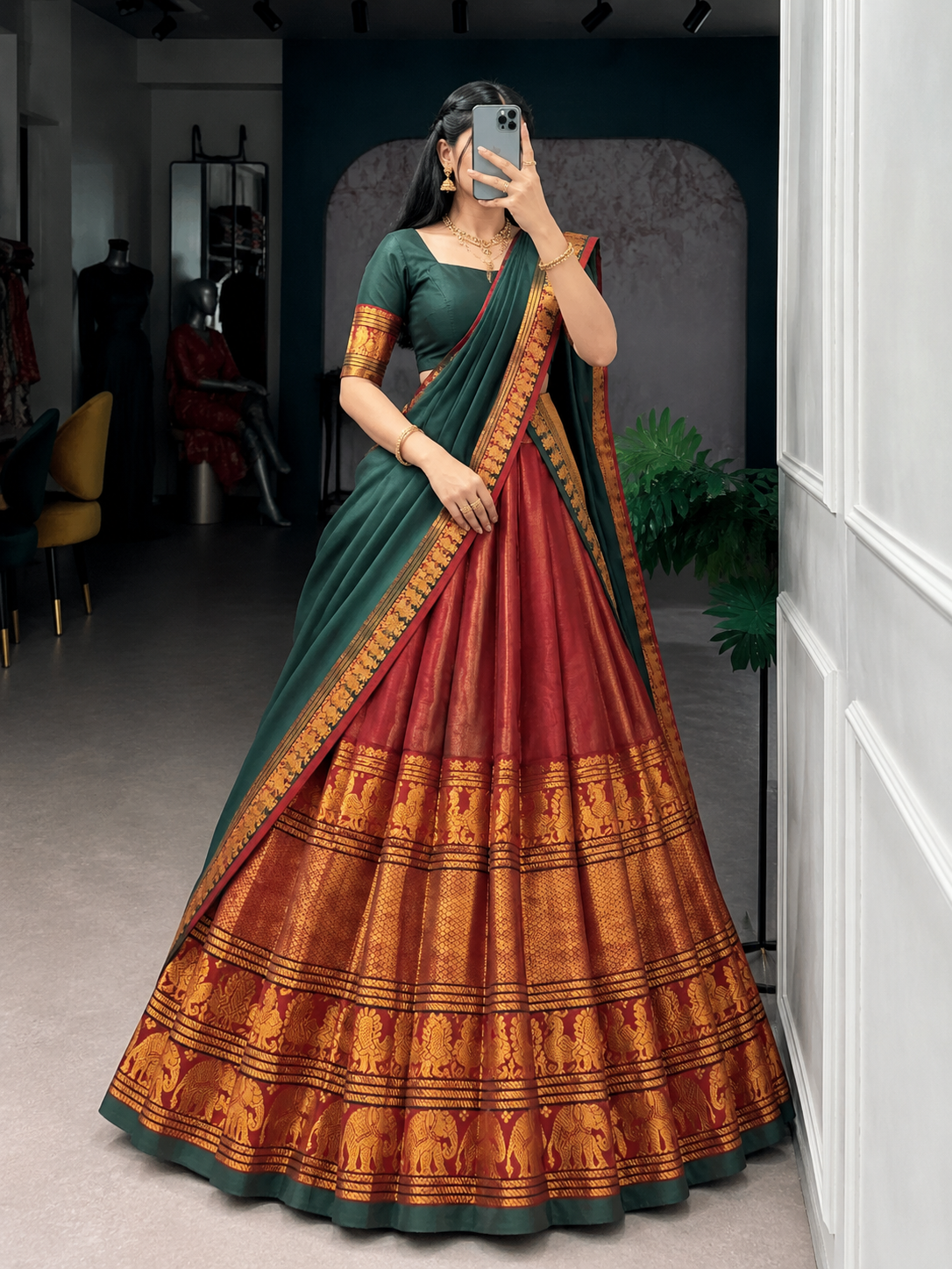 Emerald Varnika Half Saree Set (Green, Red & Rust Gold)