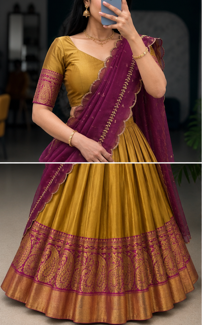 Aarunya Heritage Half Saree Set – Mustard Gold & Wine Purple