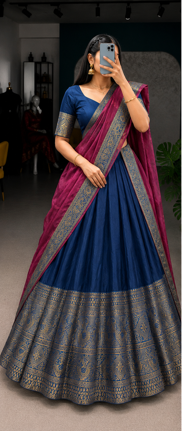 Vaidehi Royale Half Saree Set – Navy Blue & Magenta
