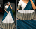 Neelambari Heritage Half Saree Set – White & Teal Blue