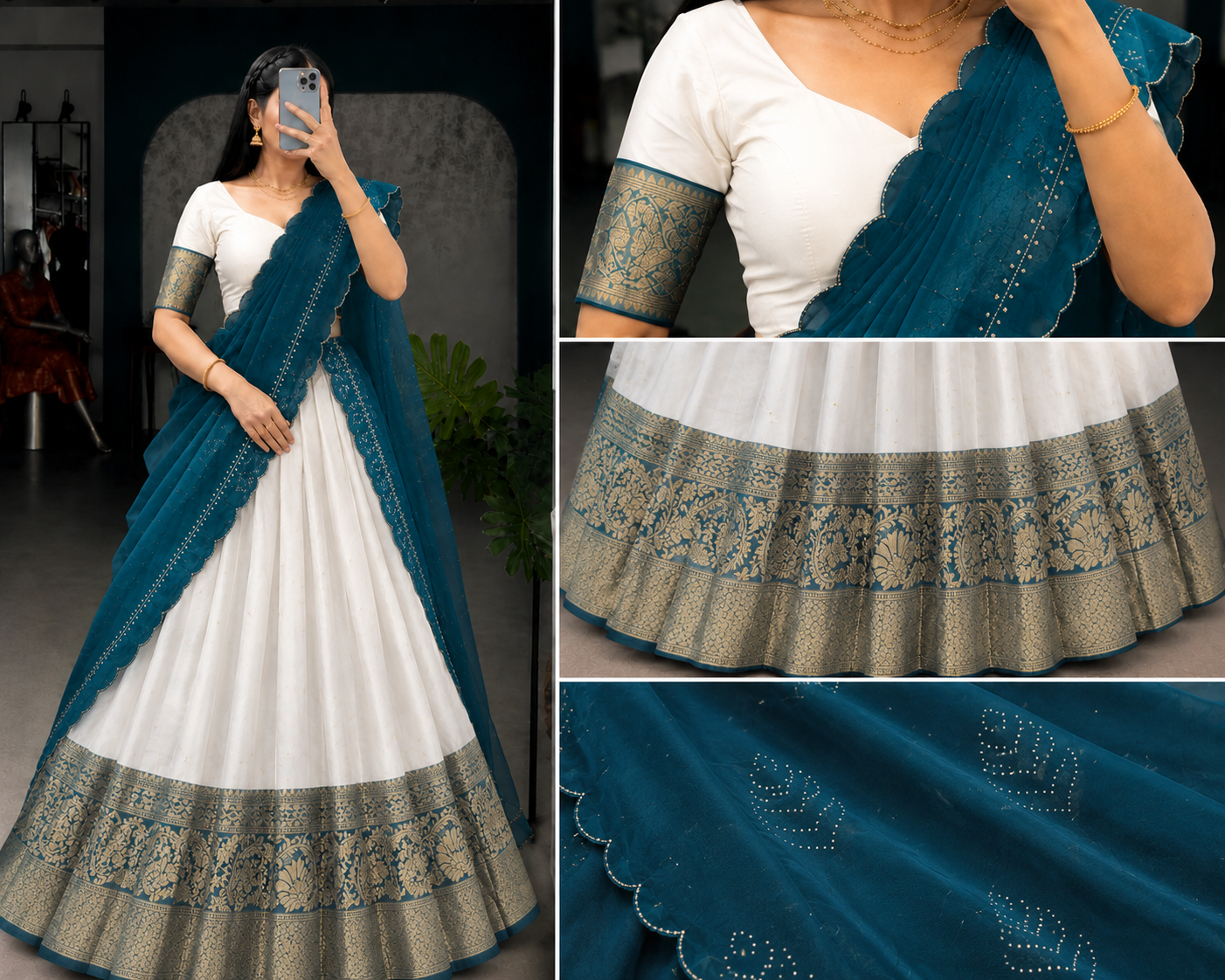 Neelambari Heritage Half Saree Set – White & Teal Blue