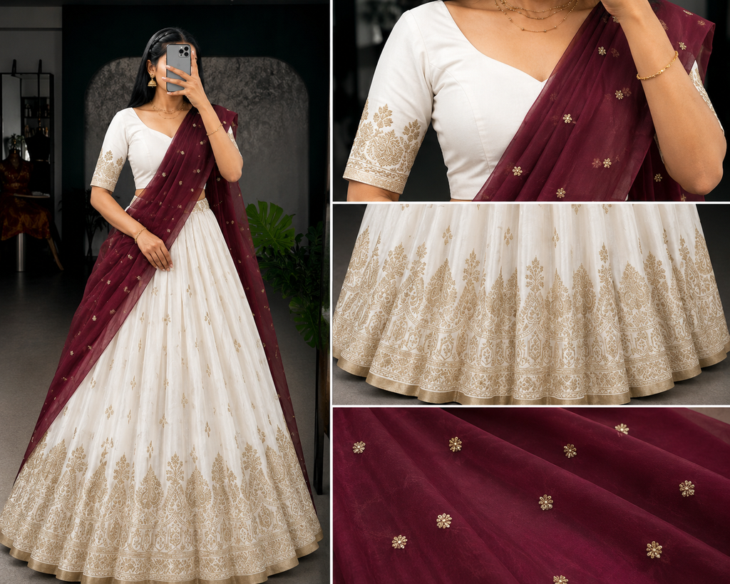 Rajarani Heritage Half Saree Set – Ivory & Wine Berry