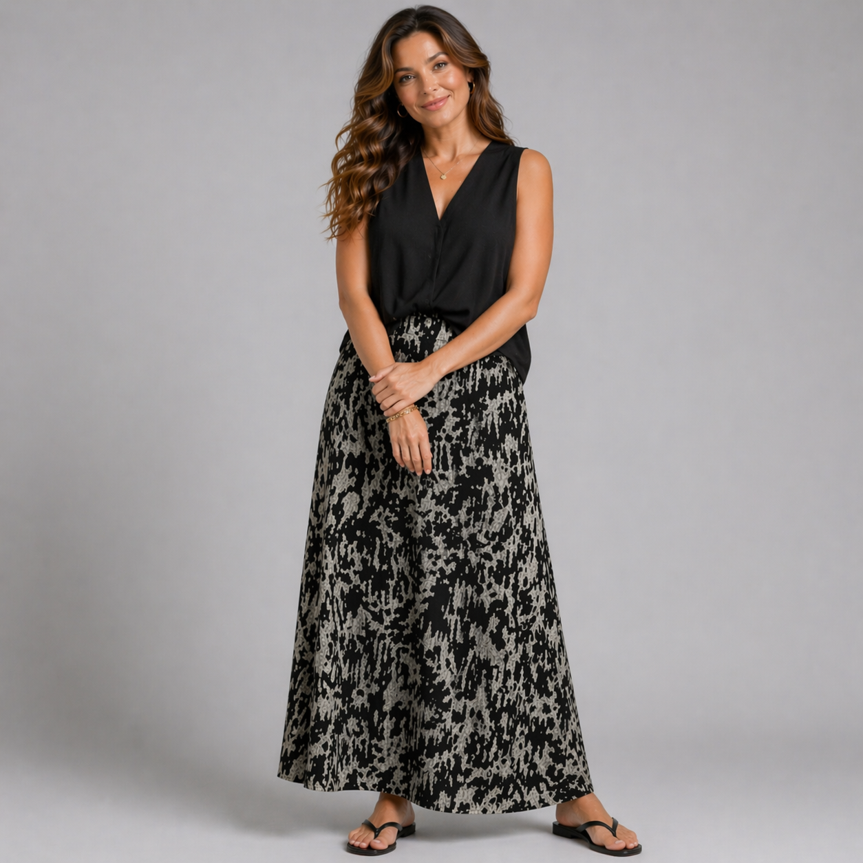 Black Tie Dye Effect Elastic Waist Maxi Skirt