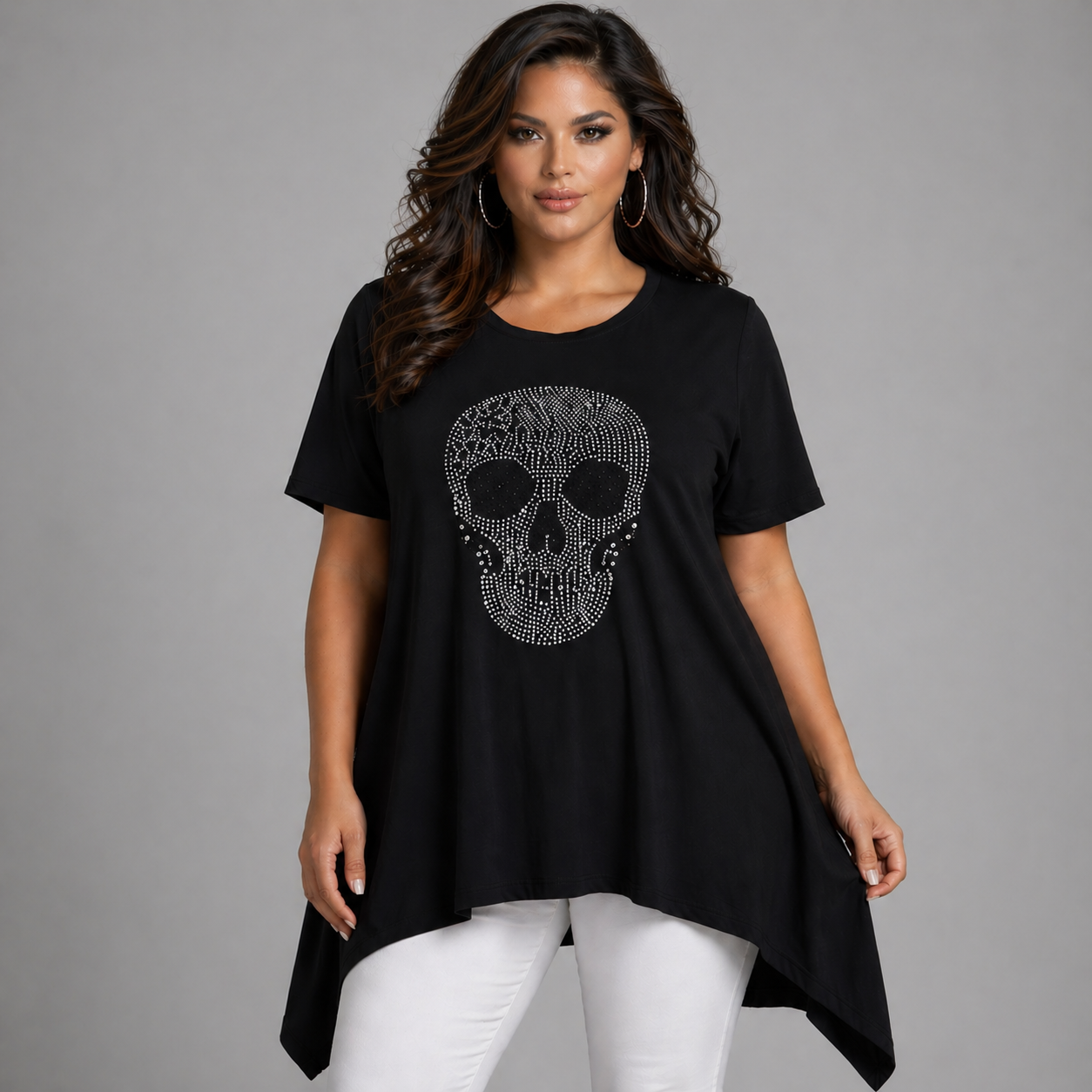 Short Sleeve Hanky Hem Studded Skull Long Length Top